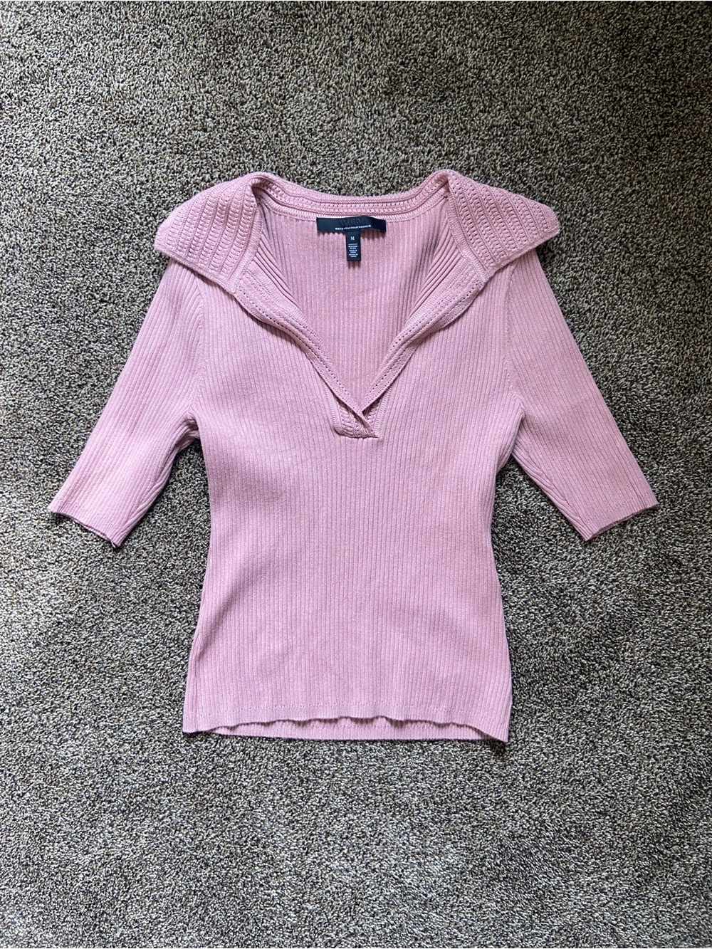 White House Black Market Pink Ribbed Knit V-Neck Sweater M